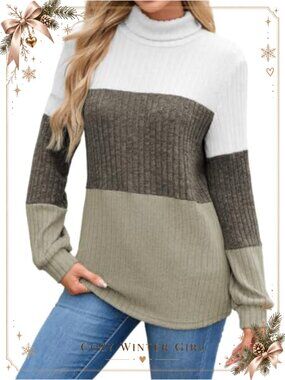 Women's Mock Neck Color Block Knit Pullover Sweater Long Sleeve